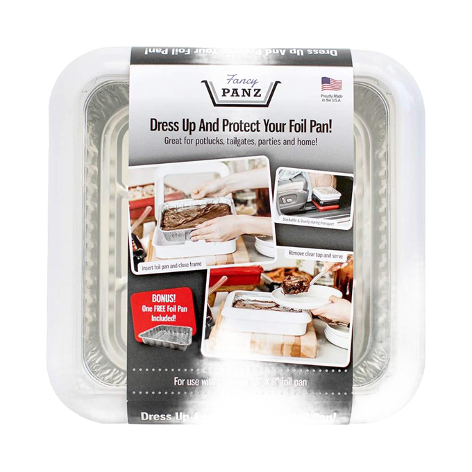 Clear travel cover for 8x8 foil pans with removable window, designed to protect and serve food easily, part of Kitchen & Food, Kitchen Gadgets, USA Made, and Best Sellers collections.