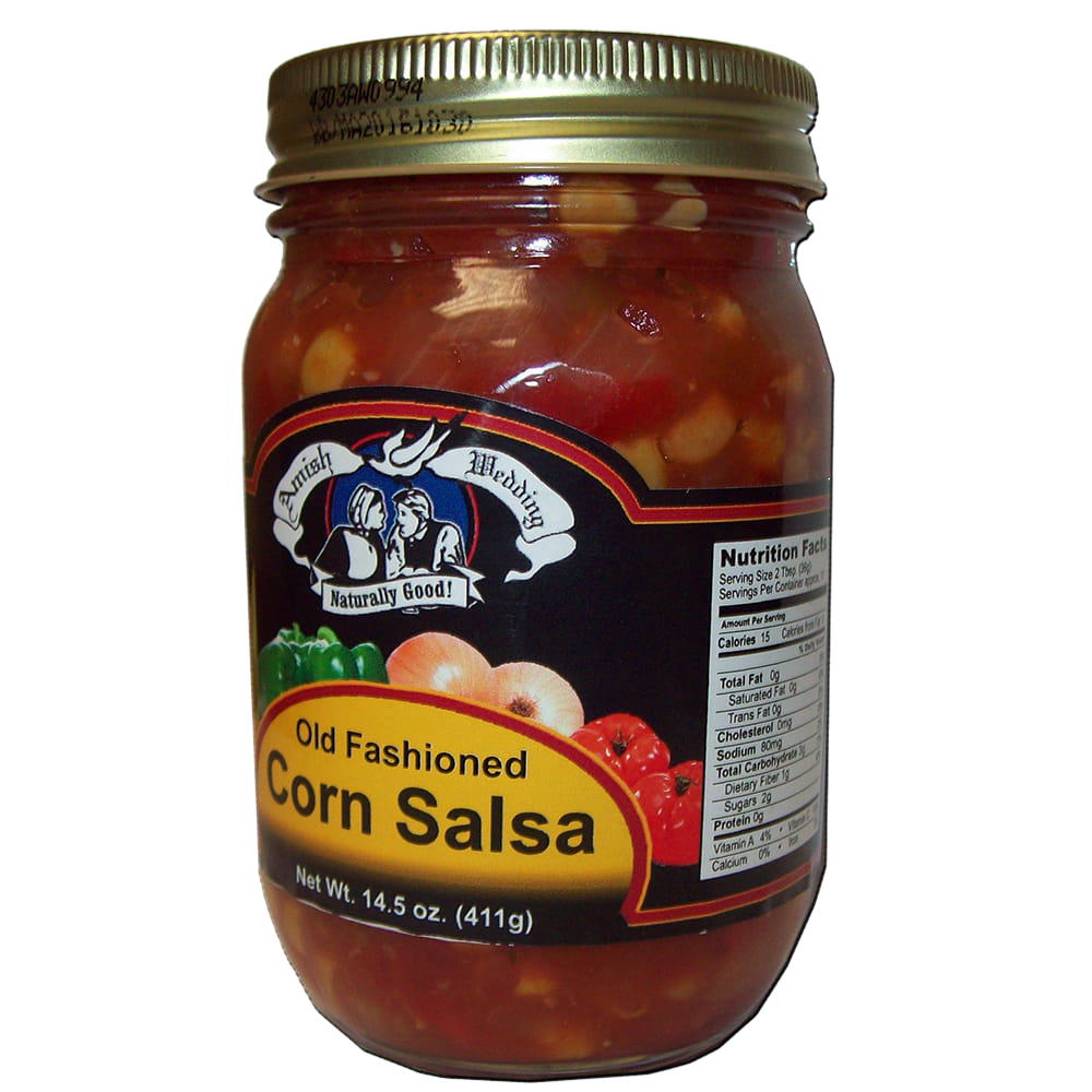 Handcrafted jar of Amish Wedding Corn Salsa featuring chunky, kettle-cooked ingredients in a glass container, perfect for Kitchen & Food, Pantry, and USA Made collections.