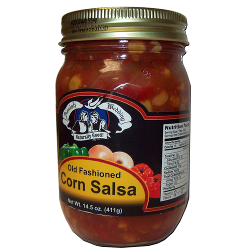 Handcrafted jar of Amish Wedding Corn Salsa featuring chunky, kettle-cooked ingredients in a glass container, perfect for Kitchen & Food, Pantry, and USA Made collections.