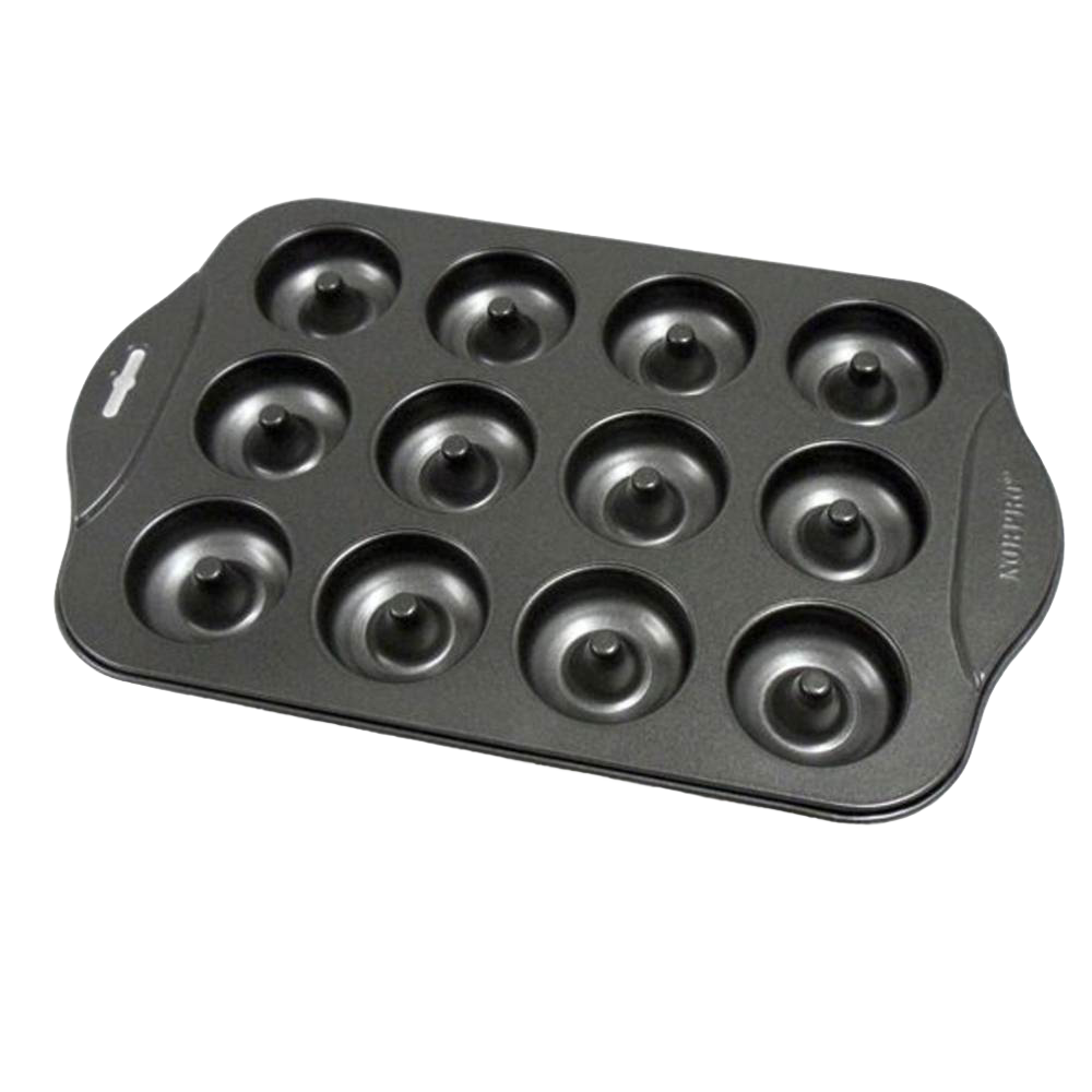 Non-stick mini donut pan with 12 cavities for baking bite-sized treats, made for Kitchen & Food, Cookware, and Baking Supplies collections, ideal for healthier homemade donuts.