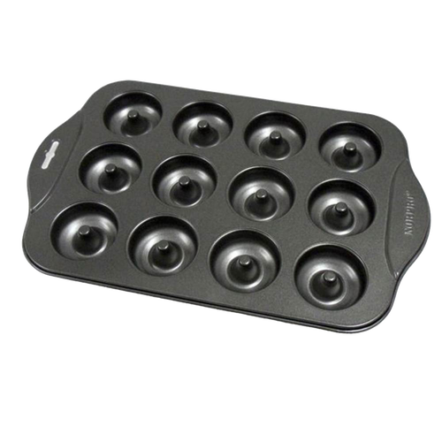Non-stick mini donut pan with 12 cavities for baking bite-sized treats, made for Kitchen & Food, Cookware, and Baking Supplies collections, ideal for healthier homemade donuts.