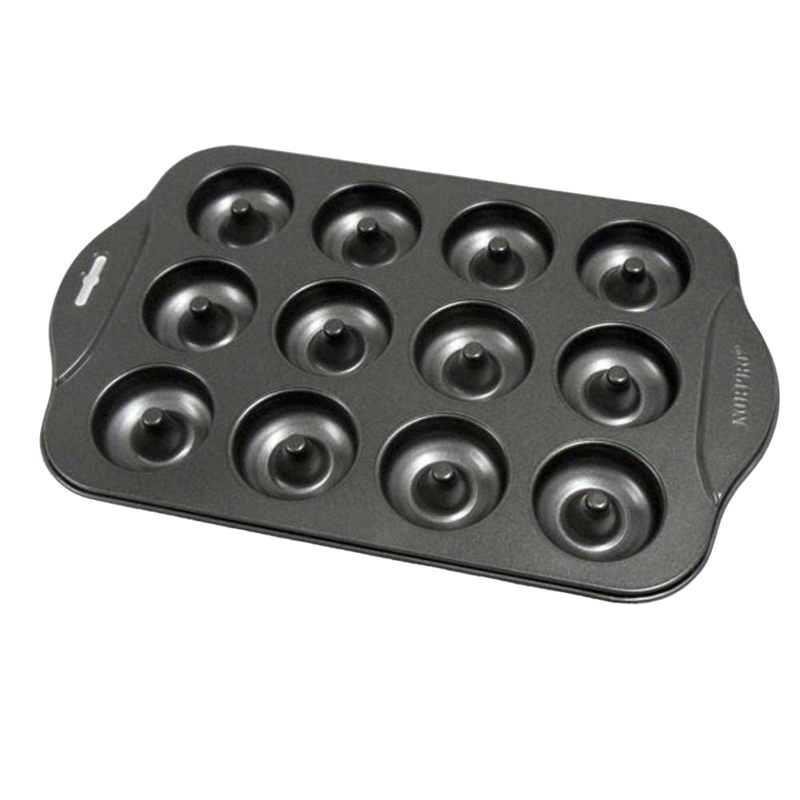 Non-stick mini donut pan with 12 cavities for baking bite-sized treats, made for Kitchen & Food, Cookware, and Baking Supplies collections, ideal for healthier homemade donuts.