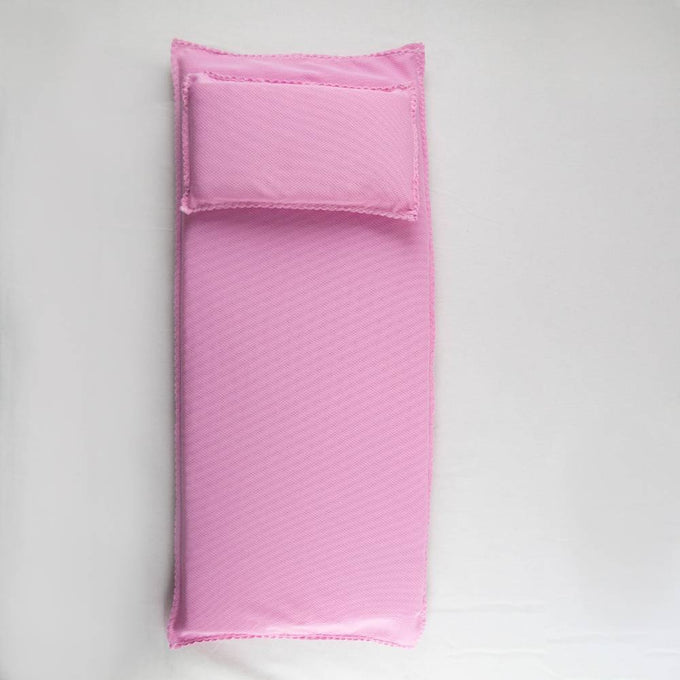Handcrafted pink miniature bedding set featuring a soft pillow and mattress, designed for dolls, perfect for Amish Made, Children's Toys, and Dolls and Doll Accessories collections.