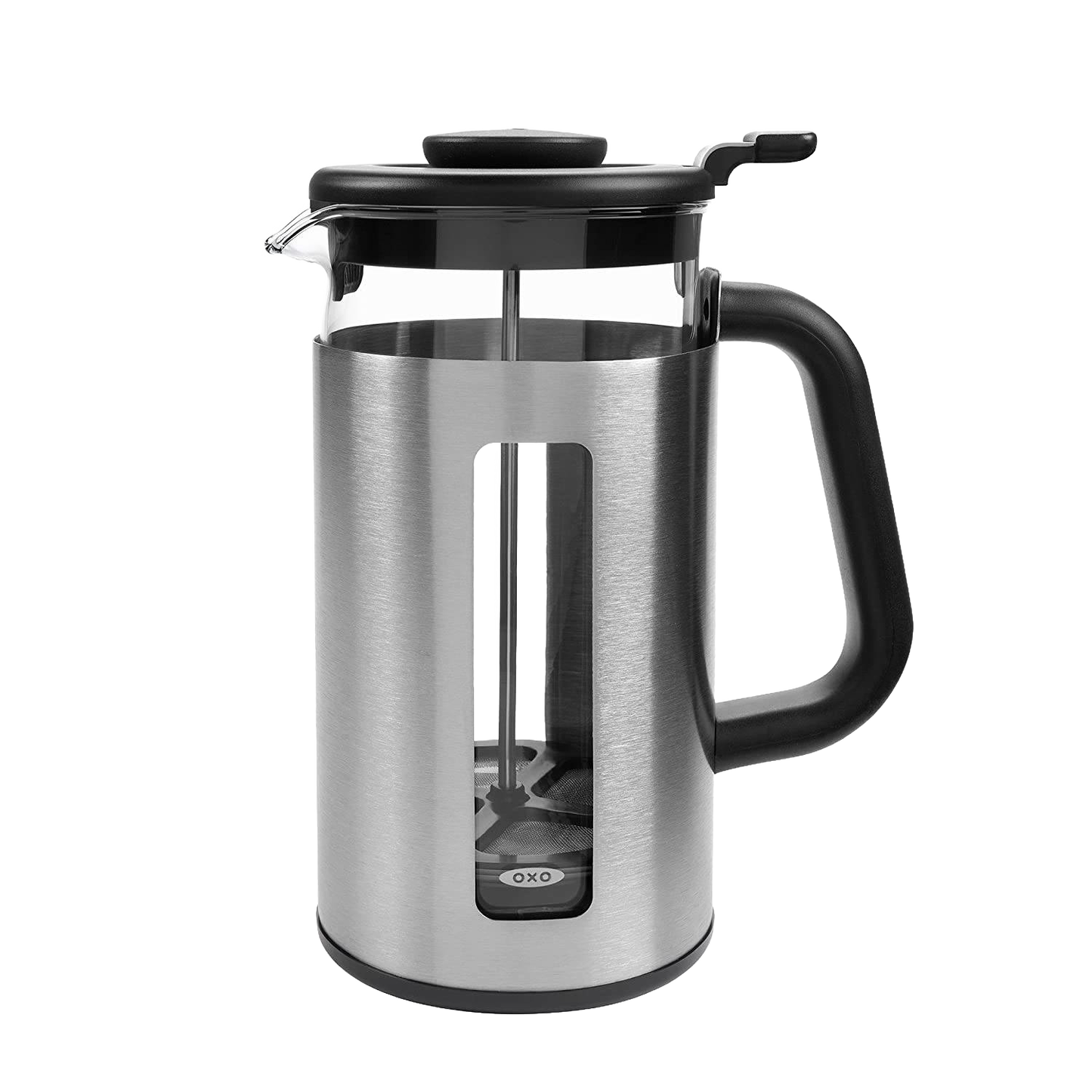 French press coffee maker with brushed stainless steel frame, clear glass carafe, and black handle, featuring GroundsLifter design for easy cleanup in Kitchen & Food and Brewing Coffee and Tea collections.