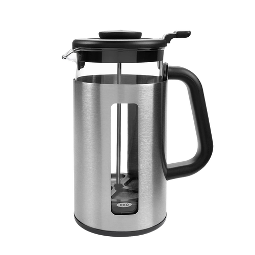French press coffee maker with brushed stainless steel frame, clear glass carafe, and black handle, featuring GroundsLifter design for easy cleanup in Kitchen & Food and Brewing Coffee and Tea collections.