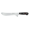 Sleek butcher knife with high carbon stainless steel blade featuring hollow edge indentations and a durable black synthetic handle, ideal for kitchen, food prep, and knives collections.