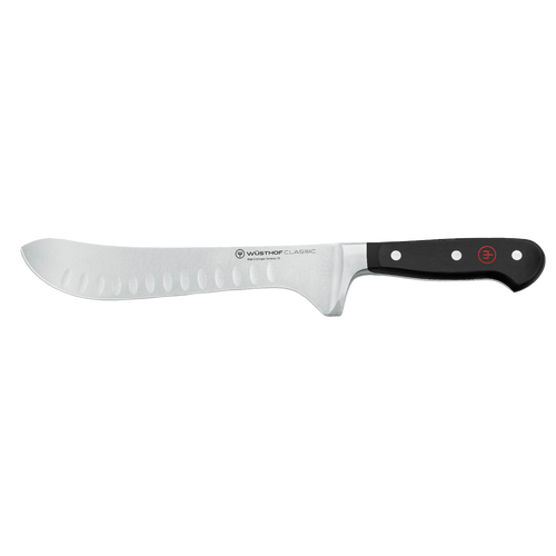 Sleek butcher knife with high carbon stainless steel blade featuring hollow edge indentations and a durable black synthetic handle, ideal for kitchen, food prep, and knives collections.