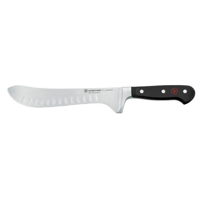 Sleek butcher knife with high carbon stainless steel blade featuring hollow edge indentations and a durable black synthetic handle, ideal for kitchen, food prep, and knives collections.