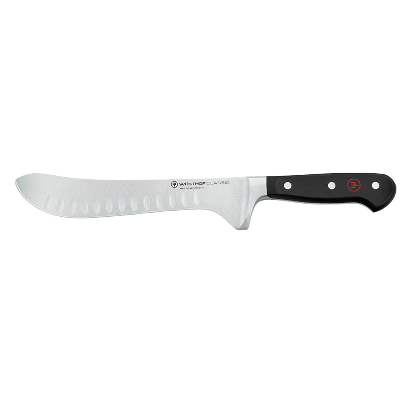 Sleek butcher knife with high carbon stainless steel blade featuring hollow edge indentations and a durable black synthetic handle, ideal for kitchen, food prep, and knives collections.