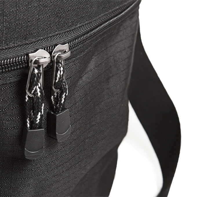 Close-up of a black durable fabric transport bag zipper with dual pull tabs and sturdy strap, designed for convenient carrying in Farm, Garden & Tool and Camping collections.
