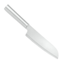 Stainless steel cook's knife with a sleek, polished handle and a versatile curved blade, handcrafted and made in the USA for efficient food preparation in kitchen and food collections.