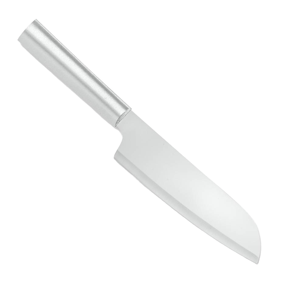 Stainless steel cook's knife with a sleek, polished handle and a versatile curved blade, handcrafted and made in the USA for efficient food preparation in kitchen and food collections.