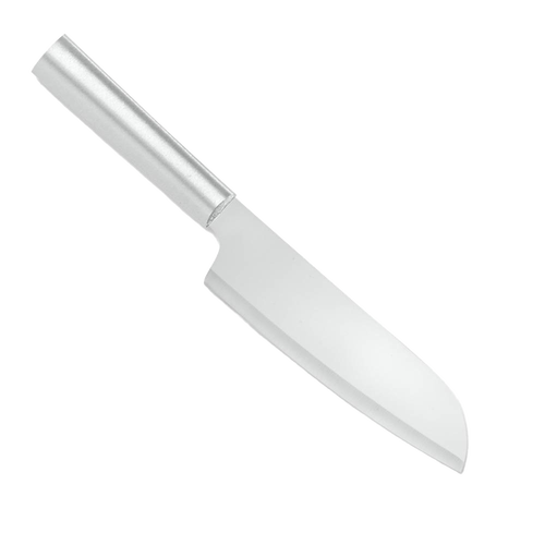Stainless steel cook's knife with a sleek, polished handle and a versatile curved blade, handcrafted and made in the USA for efficient food preparation in kitchen and food collections.