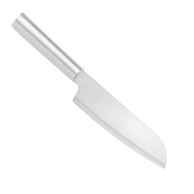 Stainless steel cook's knife with a sleek, polished handle and a versatile curved blade, handcrafted and made in the USA for efficient food preparation in kitchen and food collections.
