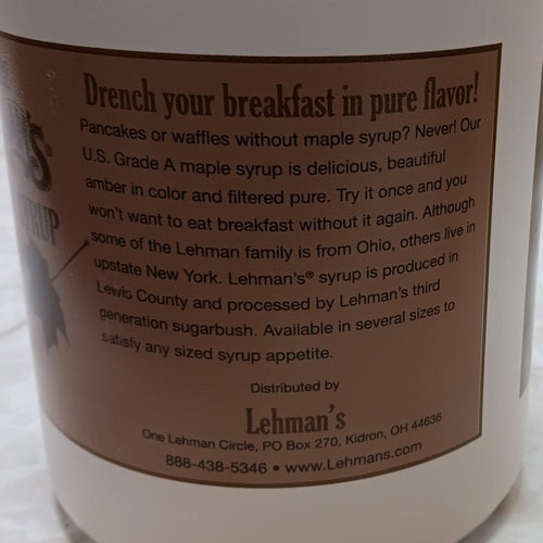 Handcrafted container of U.S. Grade A medium amber maple syrup with amber color and clear filtration, produced by Lehman’s third generation sugarbush, featured in Kitchen & Food, Food, Pantry, USA Made, Best Sellers, and Promo Eligible collections.