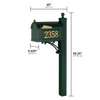 Elegant handcrafted green and gold mailbox with matching post, personalized with house numbers, made in the USA, ideal for Home & Decor, Household Helpers, and Mailboxes collections.