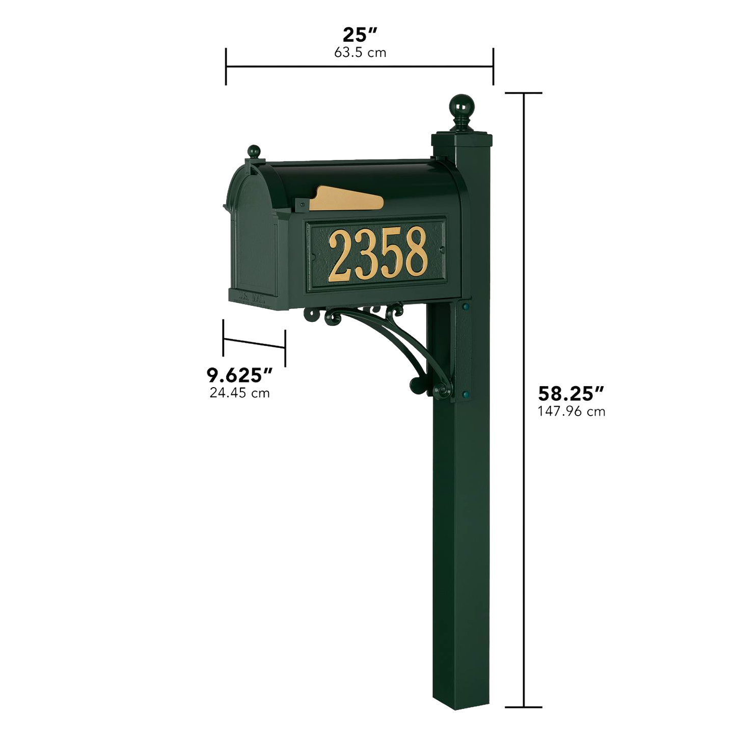 Elegant handcrafted green and gold mailbox with matching post, personalized with house numbers, made in the USA, ideal for Home & Decor, Household Helpers, and Mailboxes collections.