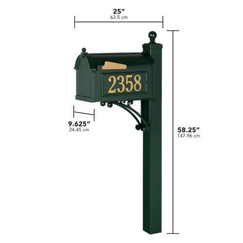 Elegant handcrafted green and gold mailbox with matching post, personalized with house numbers, made in the USA, ideal for Home & Decor, Household Helpers, and Mailboxes collections.