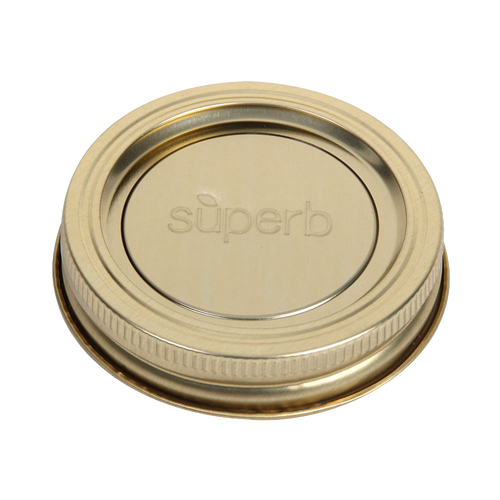 Single gold-tone metal canning jar lid embossed with Superb branding, part of a pack of 12 crafted in USA for food preservation, Kitchen & Food, and Best Sellers collections.