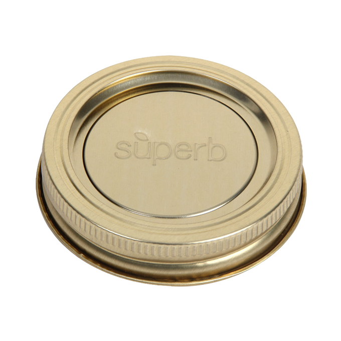 Single gold-tone metal canning jar lid embossed with Superb branding, part of a pack of 12 crafted in USA for food preservation, Kitchen & Food, and Best Sellers collections.