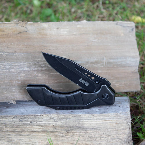 Blackened stainless steel lockback folding knife with ergonomic handle and thumb stud, part of Farm, Garden & Tool and Knives & Axes collections, ideal for everyday use.