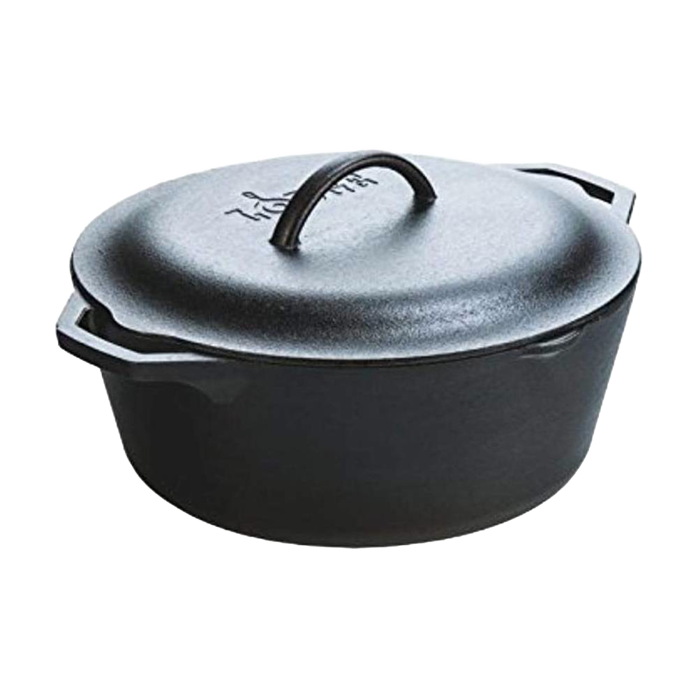 Handcrafted black cast iron Dutch oven with embossed lid and curved handle, made in USA for durability and excellent heat retention; ideal for Kitchen & Food, Cookware, Cast Iron, Best Sellers, Promo Eligible collections.
