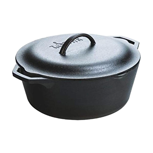 Handcrafted black cast iron Dutch oven with embossed lid and curved handle, made in USA for durability and excellent heat retention; ideal for Kitchen & Food, Cookware, Cast Iron, Best Sellers, Promo Eligible collections.