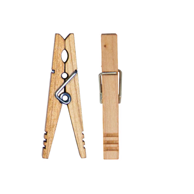 Pair of handcrafted maple spring clothespins with stainless steel springs, made in the USA, ideal for Home & Decor, Laundry Supplies, Clothesline Accessories, and Drying collections.