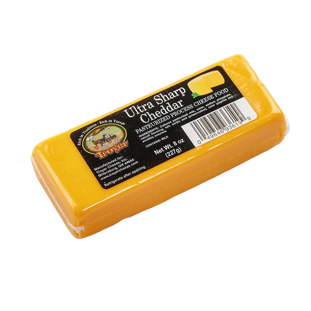 Handcrafted shelf-stable ultra sharp cheddar cheese food in an 8-ounce sealed pack, perfect for Kitchen & Food, Snacks and Sweets, Pantry, USA Made, and Best Sellers collections.