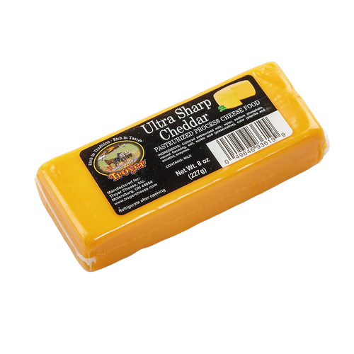 Handcrafted shelf-stable ultra sharp cheddar cheese food in an 8-ounce sealed pack, perfect for Kitchen & Food, Snacks and Sweets, Pantry, USA Made, and Best Sellers collections.
