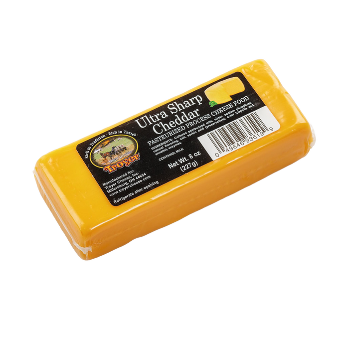 Handcrafted shelf-stable ultra sharp cheddar cheese food in an 8-ounce sealed pack, perfect for Kitchen & Food, Snacks and Sweets, Pantry, USA Made, and Best Sellers collections.