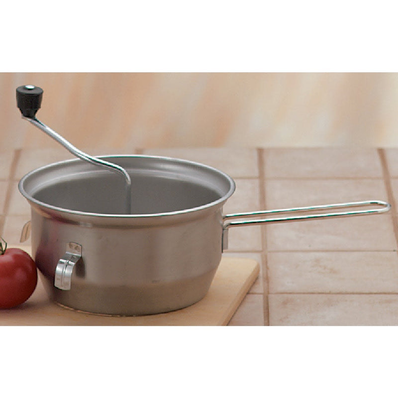 Stainless steel food mill with a hand crank and hook to secure it on bowls, used for pureeing fruits and vegetables, featured in Farm, Garden & Tool, Kitchen & Food, and Food Prep collections.