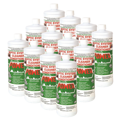 Group of white plastic quart bottles featuring green and red labels describing safe, non-toxic septic system cleaner conditioner, presented for Home & Decor, Household Cleaning, Cleaners and Polishes, Best Sellers, and Promo Eligible collections.