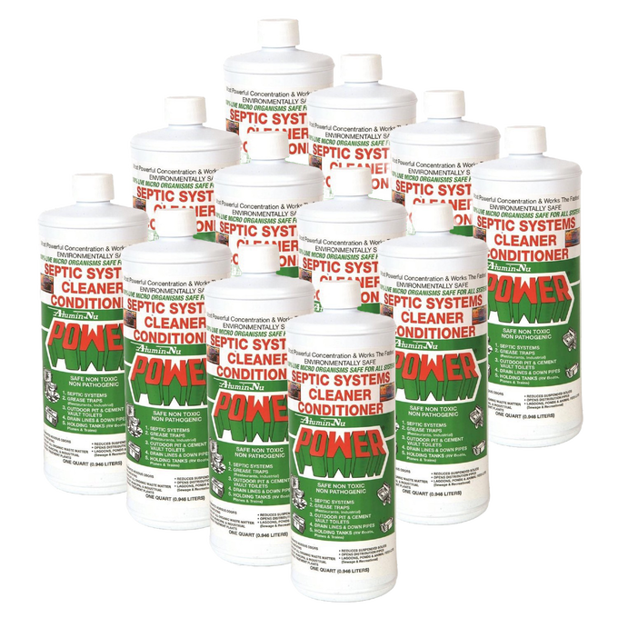 Group of white plastic quart bottles featuring green and red labels describing safe, non-toxic septic system cleaner conditioner, presented for Home & Decor, Household Cleaning, Cleaners and Polishes, Best Sellers, and Promo Eligible collections.