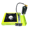 Compact green portable single-burner outdoor stove with cast aluminum burner, piezo ignition, and attached butane fuel cartridge connector, ideal for camping and emergency use.