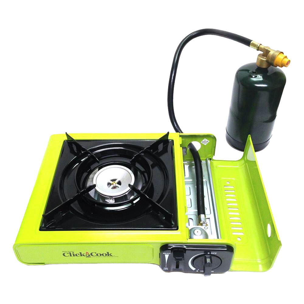 Compact green portable single-burner outdoor stove with cast aluminum burner, piezo ignition, and attached butane fuel cartridge connector, ideal for camping and emergency use.