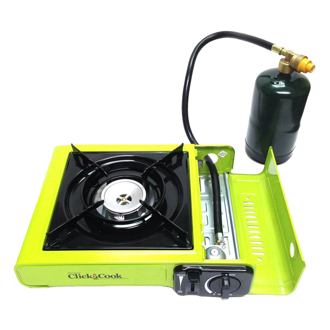 Compact green portable single-burner outdoor stove with cast aluminum burner, piezo ignition, and attached butane fuel cartridge connector, ideal for camping and emergency use.