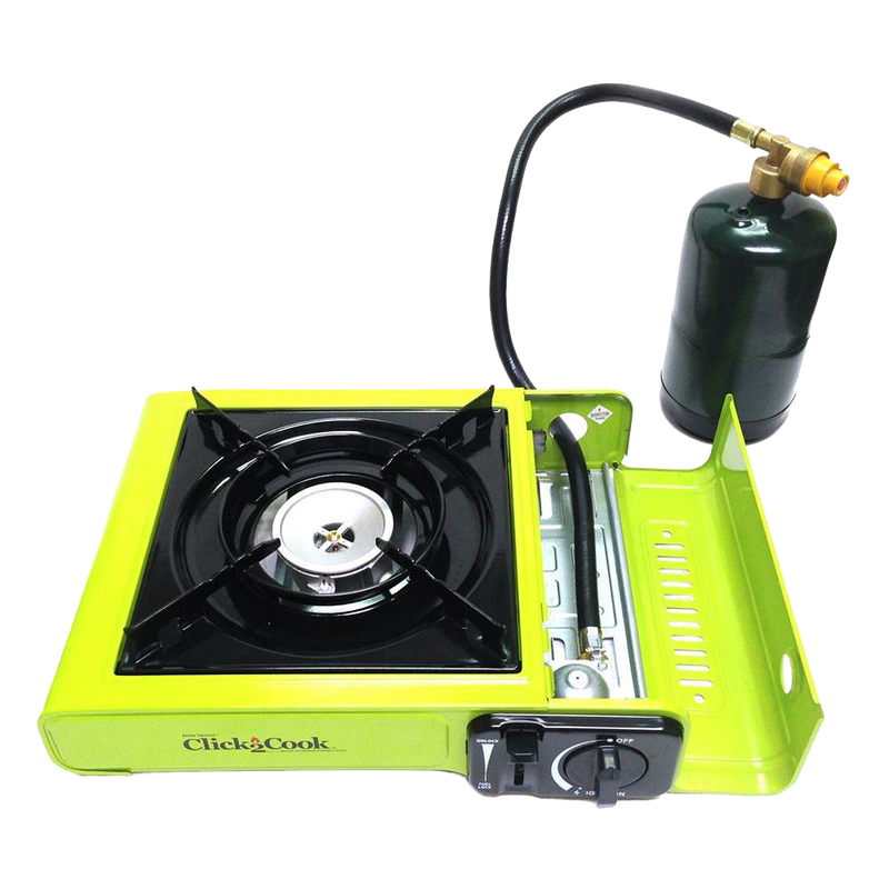 Compact green portable single-burner outdoor stove with cast aluminum burner, piezo ignition, and attached butane fuel cartridge connector, ideal for camping and emergency use.