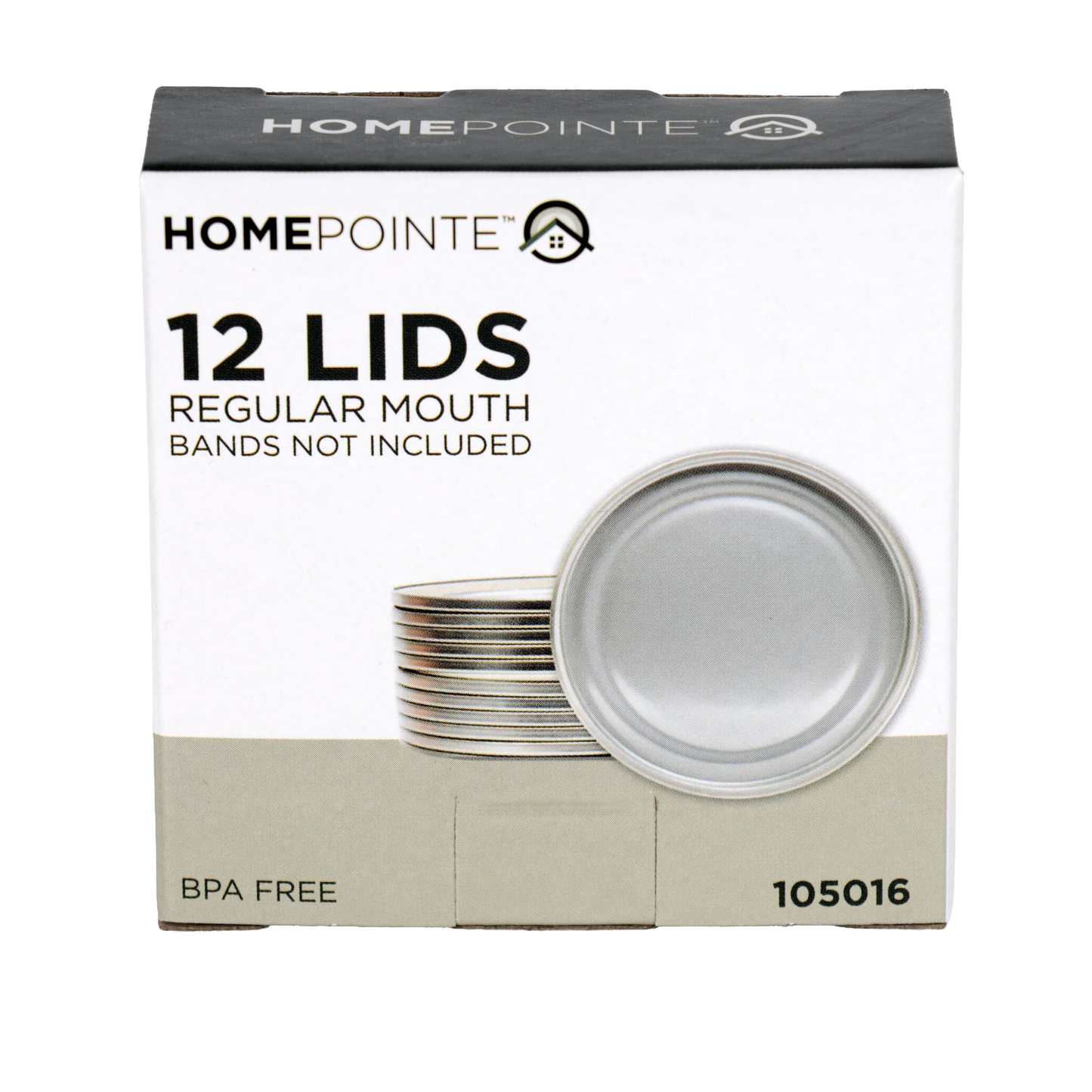 Box containing twelve silver-toned regular-mouth canning jar lids with BPA-free sealing compound, perfect for Kitchen & Food, Food Preservation, and Canning collections.