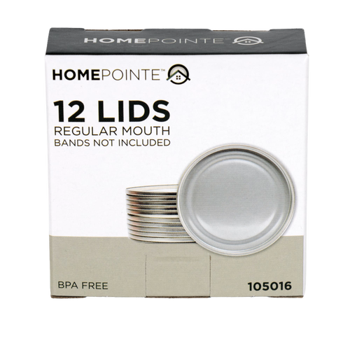 Box containing twelve silver-toned regular-mouth canning jar lids with BPA-free sealing compound, perfect for Kitchen & Food, Food Preservation, and Canning collections.