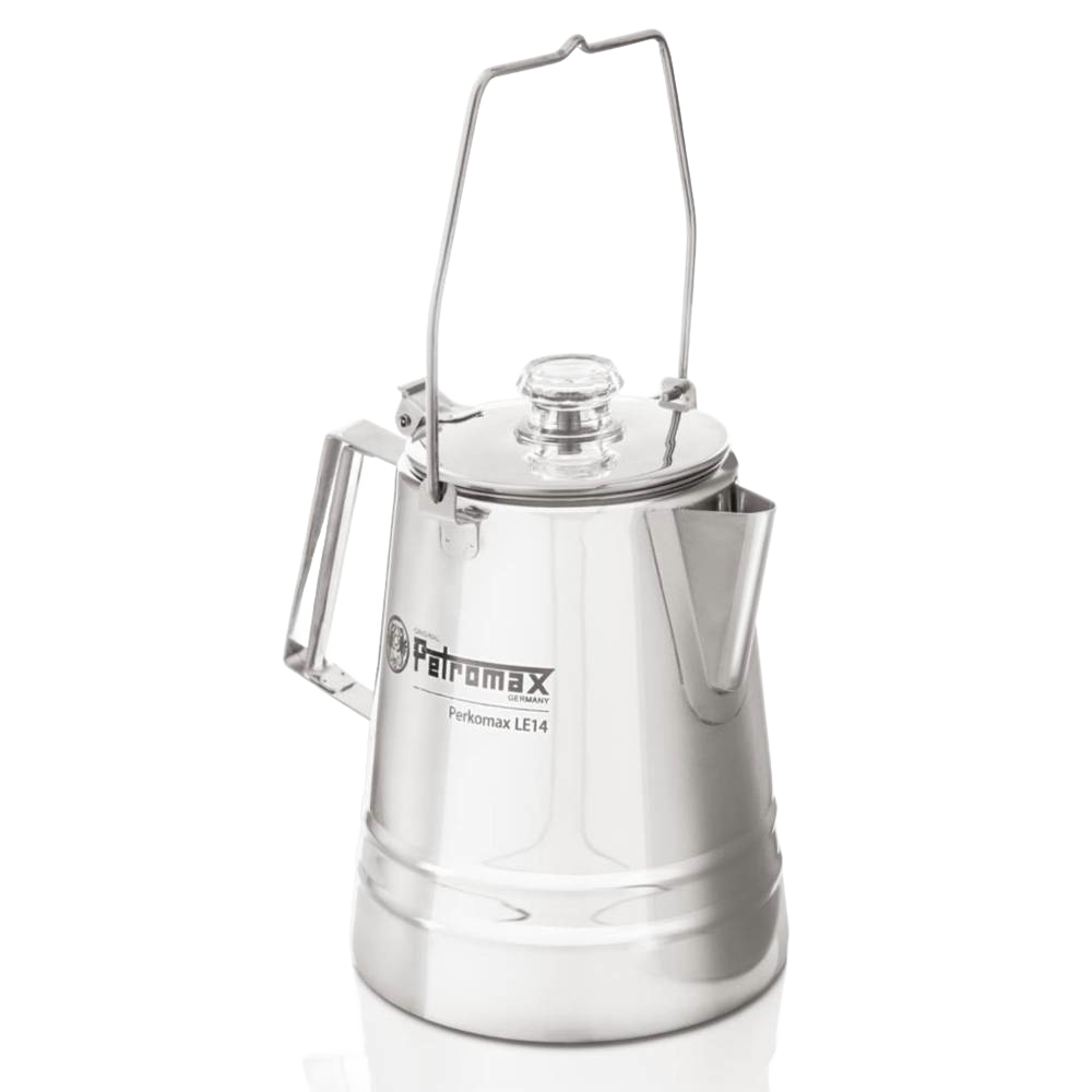 Stainless steel camping percolator with a clear glass lid, sturdy handle, and wire bail, designed for brewing coffee and tea, featured in Kitchen & Food, Camping, and Best Sellers collections.