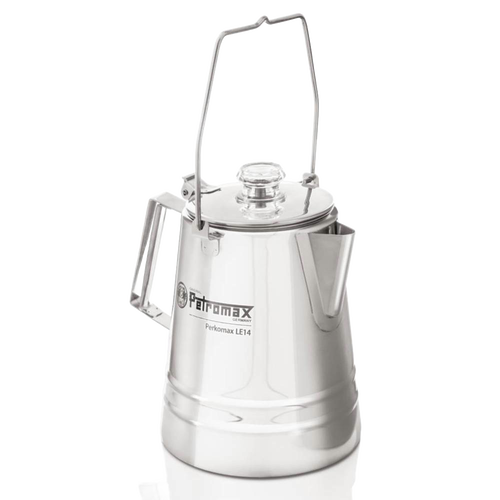 Stainless steel camping percolator with a clear glass lid, sturdy handle, and wire bail, designed for brewing coffee and tea, featured in Kitchen & Food, Camping, and Best Sellers collections.