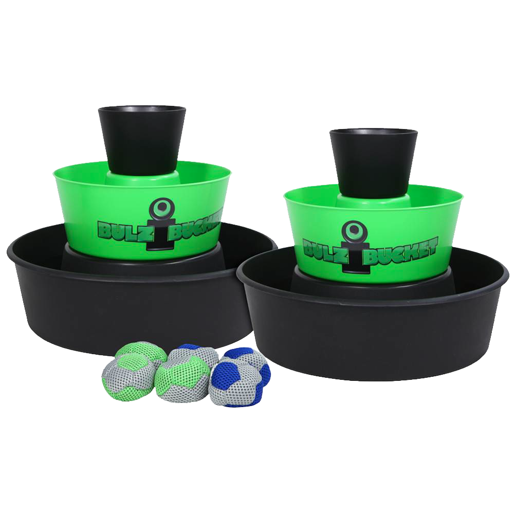 Set of two green and black BULZiBUCKET Game targets with four colorful bean bags, designed for indoor and outdoor lawn play, featured in Toys, Books & Games, Lawn Games, and Best Sellers collections.