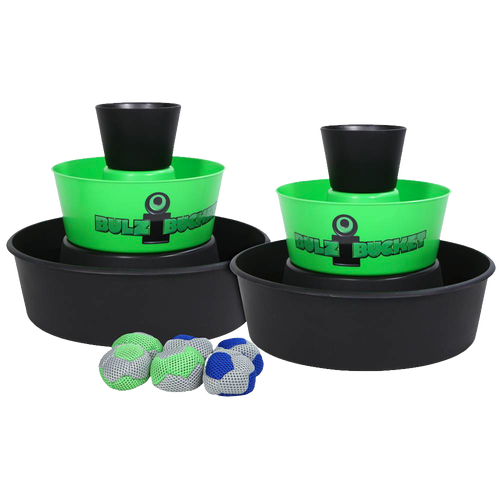 Set of two green and black BULZiBUCKET Game targets with four colorful bean bags, designed for indoor and outdoor lawn play, featured in Toys, Books & Games, Lawn Games, and Best Sellers collections.