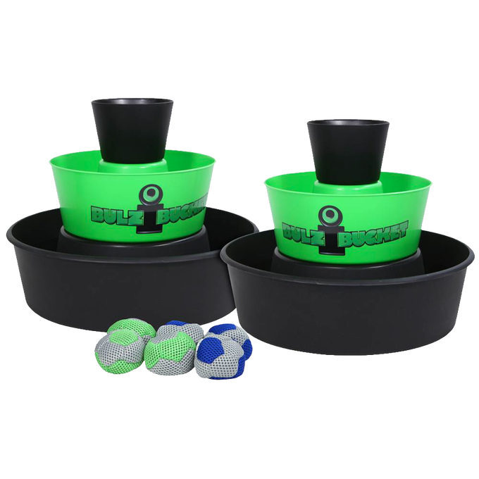Set of two green and black BULZiBUCKET Game targets with four colorful bean bags, designed for indoor and outdoor lawn play, featured in Toys, Books & Games, Lawn Games, and Best Sellers collections.