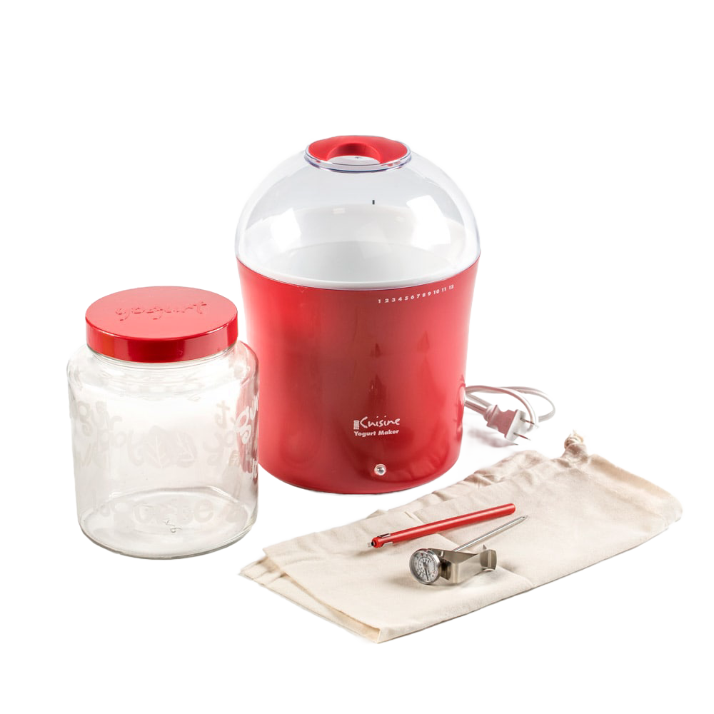 Compact red yogurt maker with clear dome lid, glass jar with matching red lid, included thermometer, and cloth pouch, featured in Kitchen & Food, Specialty Equipment, and DIY Cheese and Yogurt collections.