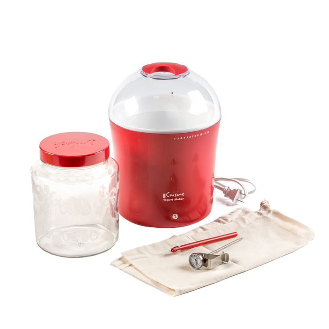 Compact red yogurt maker with clear dome lid, glass jar with matching red lid, included thermometer, and cloth pouch, featured in Kitchen & Food, Specialty Equipment, and DIY Cheese and Yogurt collections.