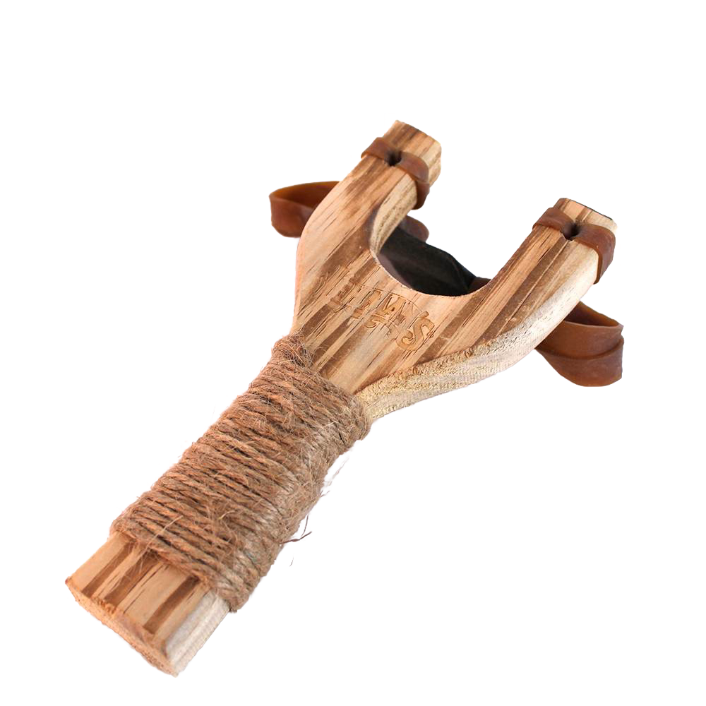 Handcrafted wooden slingshot made from smooth beech wood with wrapped handle, genuine leather pouch, and real latex tubing, perfect for Toys, Lawn Games, and Best Sellers collections.