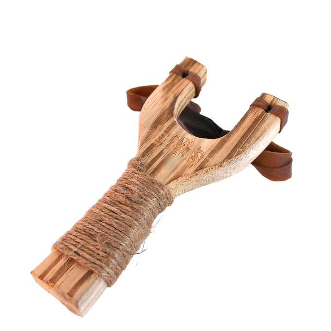 Handcrafted wooden slingshot made from smooth beech wood with wrapped handle, genuine leather pouch, and real latex tubing, perfect for Toys, Lawn Games, and Best Sellers collections.