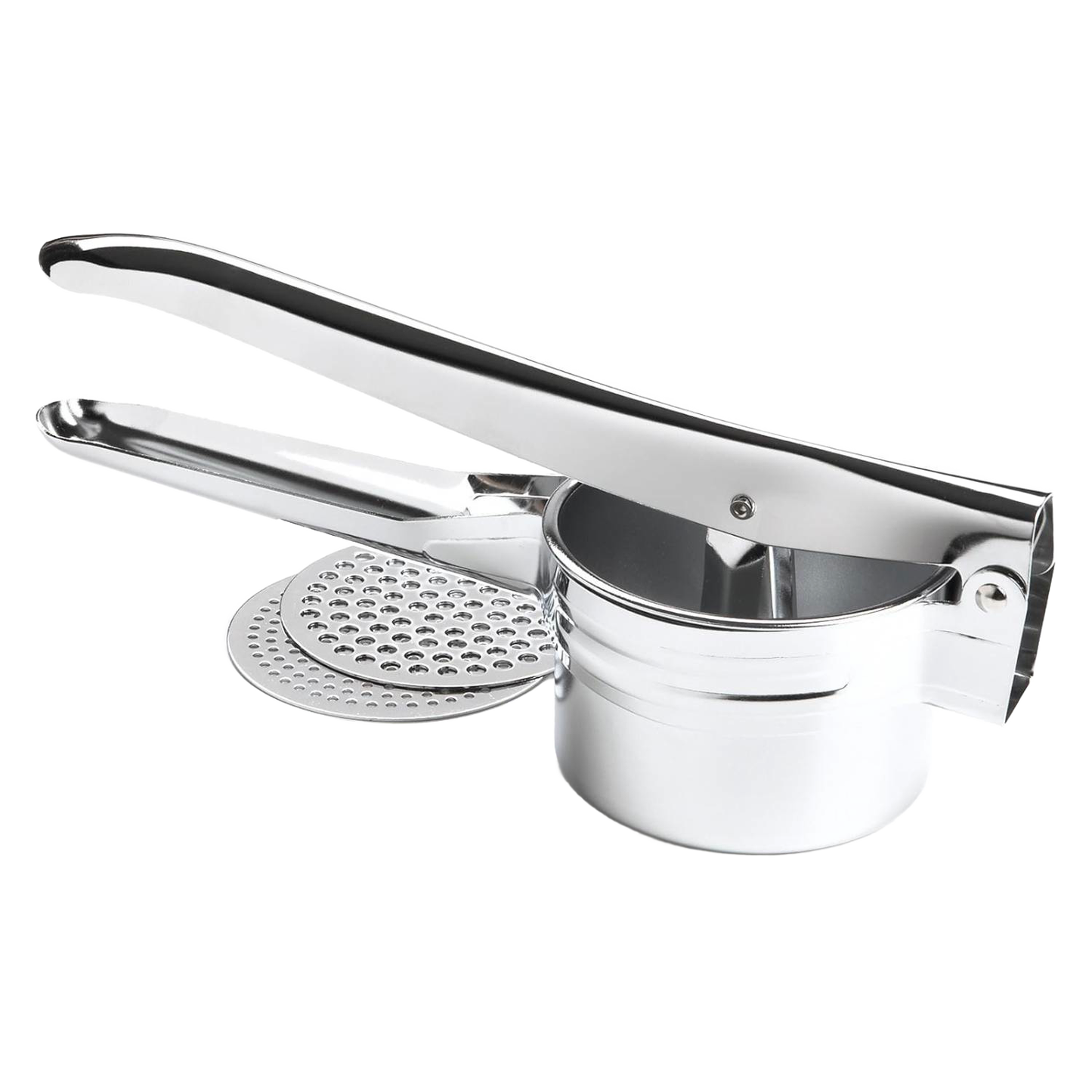 Polished metal potato ricer and fruit press featuring sturdy handles and perforated disc, designed for effortless food prep, ideal for Kitchen & Food and Cooking Helpers collections.